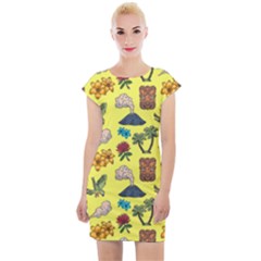 Tropical Island Tiki Parrots, Mask And Palm Trees Cap Sleeve Bodycon Dress by DinzDas