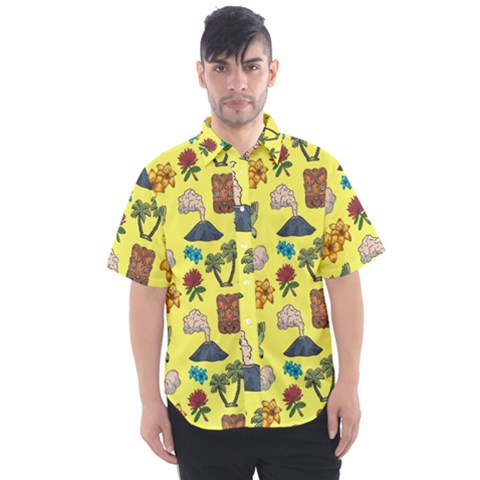 Tropical Island Tiki Parrots, Mask And Palm Trees Men s Short Sleeve Shirt by DinzDas