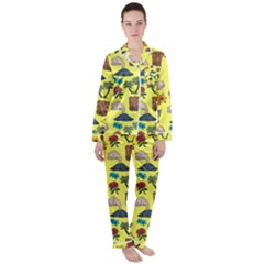 Tropical Island Tiki Parrots, Mask And Palm Trees Satin Long Sleeve Pajamas Set by DinzDas