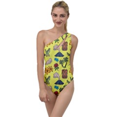 Tropical Island Tiki Parrots, Mask And Palm Trees To One Side Swimsuit by DinzDas