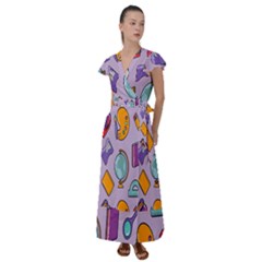 Back To School And Schools Out Kids Pattern Flutter Sleeve Maxi Dress by DinzDas