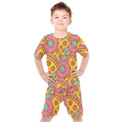 Fast Food Pizza And Donut Pattern Kids  Tee And Shorts Set by DinzDas