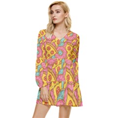 Fast Food Pizza And Donut Pattern Tiered Long Sleeve Mini Dress by DinzDas