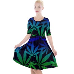 Weed Rainbow, Ganja Leafs Pattern In Colors, 420 Marihujana Theme Quarter Sleeve A-line Dress by Casemiro