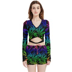 Weed Rainbow, Ganja Leafs Pattern In Colors, 420 Marihujana Theme Velvet Wrap Crop Top And Shorts Set by Casemiro