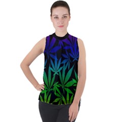 Weed Rainbow, Ganja Leafs Pattern In Colors, 420 Marihujana Theme Mock Neck Chiffon Sleeveless Top by Casemiro
