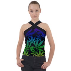 Weed Rainbow, Ganja Leafs Pattern In Colors, 420 Marihujana Theme Cross Neck Velour Top by Casemiro