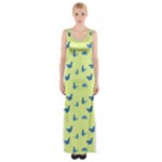 Blue butterflies at lemon yellow, nature themed pattern Thigh Split Maxi Dress