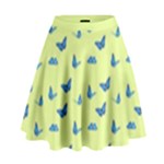 Blue butterflies at lemon yellow, nature themed pattern High Waist Skirt