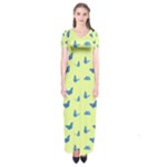 Blue butterflies at lemon yellow, nature themed pattern Short Sleeve Maxi Dress