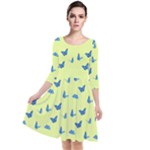 Blue butterflies at lemon yellow, nature themed pattern Quarter Sleeve Waist Band Dress