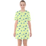 Blue butterflies at lemon yellow, nature themed pattern Sixties Short Sleeve Mini Dress