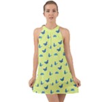 Blue butterflies at lemon yellow, nature themed pattern Halter Tie Back Chiffon Dress