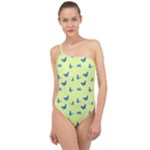 Blue butterflies at lemon yellow, nature themed pattern Classic One Shoulder Swimsuit