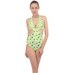Blue butterflies at lemon yellow, nature themed pattern Halter Front Plunge Swimsuit