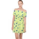 Blue butterflies at lemon yellow, nature themed pattern Off Shoulder Chiffon Dress