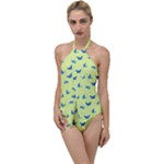 Blue butterflies at lemon yellow, nature themed pattern Go with the Flow One Piece Swimsuit