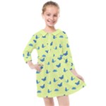 Blue butterflies at lemon yellow, nature themed pattern Kids  Quarter Sleeve Shirt Dress