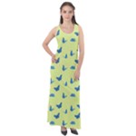 Blue butterflies at lemon yellow, nature themed pattern Sleeveless Velour Maxi Dress