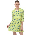 Blue butterflies at lemon yellow, nature themed pattern Mini Skater Shirt Dress