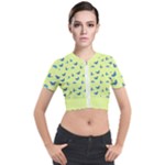 Blue butterflies at lemon yellow, nature themed pattern Short Sleeve Cropped Jacket