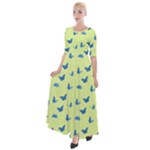 Blue butterflies at lemon yellow, nature themed pattern Half Sleeves Maxi Dress