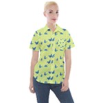 Blue butterflies at lemon yellow, nature themed pattern Women s Short Sleeve Pocket Shirt