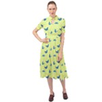 Blue butterflies at lemon yellow, nature themed pattern Keyhole Neckline Chiffon Dress