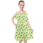 Blue butterflies at lemon yellow, nature themed pattern Kids  Cut Out Shoulders Chiffon Dress