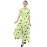 Blue butterflies at lemon yellow, nature themed pattern Waist Tie Boho Maxi Dress