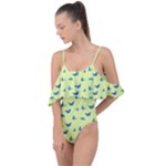 Blue butterflies at lemon yellow, nature themed pattern Drape Piece Swimsuit