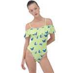 Blue butterflies at lemon yellow, nature themed pattern Frill Detail One Piece Swimsuit