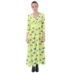 Blue butterflies at lemon yellow, nature themed pattern Button Up Maxi Dress