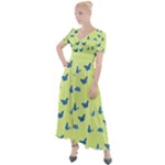 Blue butterflies at lemon yellow, nature themed pattern Button Up Short Sleeve Maxi Dress