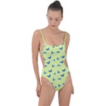 Blue butterflies at lemon yellow, nature themed pattern Tie Strap One Piece Swimsuit