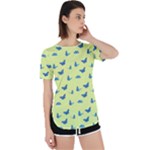 Blue butterflies at lemon yellow, nature themed pattern Perpetual Short Sleeve T-Shirt