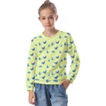 Blue butterflies at lemon yellow, nature themed pattern Kids  Long Sleeve Tee with Frill 