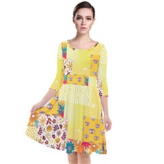 Yellow Floral Aesthetic Quarter Sleeve Waist Band Dress by designsbymallika