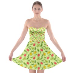 Vector Fruits Pattern, Pastel Colors, Yellow Background Strapless Bra Top Dress by Casemiro