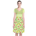 Vector Fruits pattern, pastel colors, yellow background Short Sleeve Front Wrap Dress
