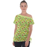 Vector Fruits pattern, pastel colors, yellow background Off Shoulder Tie-Up Tee