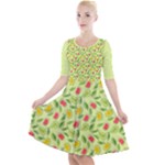 Vector Fruits pattern, pastel colors, yellow background Quarter Sleeve A-Line Dress