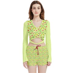 Vector Fruits Pattern, Pastel Colors, Yellow Background Velvet Wrap Crop Top And Shorts Set by Casemiro
