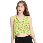 Vector Fruits pattern, pastel colors, yellow background V-Neck Cropped Tank Top