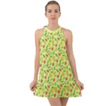 Vector Fruits pattern, pastel colors, yellow background Halter Tie Back Chiffon Dress