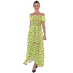 Vector Fruits pattern, pastel colors, yellow background Off Shoulder Open Front Chiffon Dress
