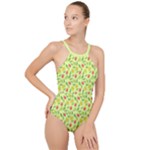 Vector Fruits pattern, pastel colors, yellow background High Neck One Piece Swimsuit