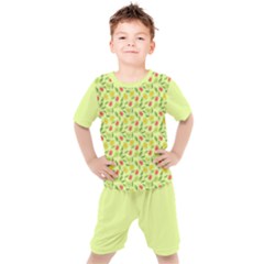 Vector Fruits Pattern, Pastel Colors, Yellow Background Kids  Tee And Shorts Set by Casemiro