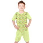 Vector Fruits pattern, pastel colors, yellow background Kids  Tee and Shorts Set
