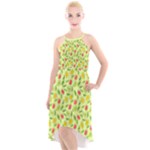 Vector Fruits pattern, pastel colors, yellow background High-Low Halter Chiffon Dress 